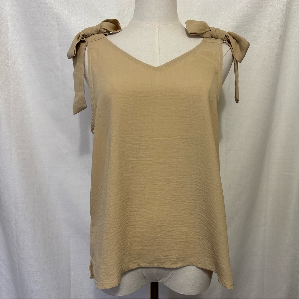 CeCe Tan Sleeveless Blouse with Bow Accents